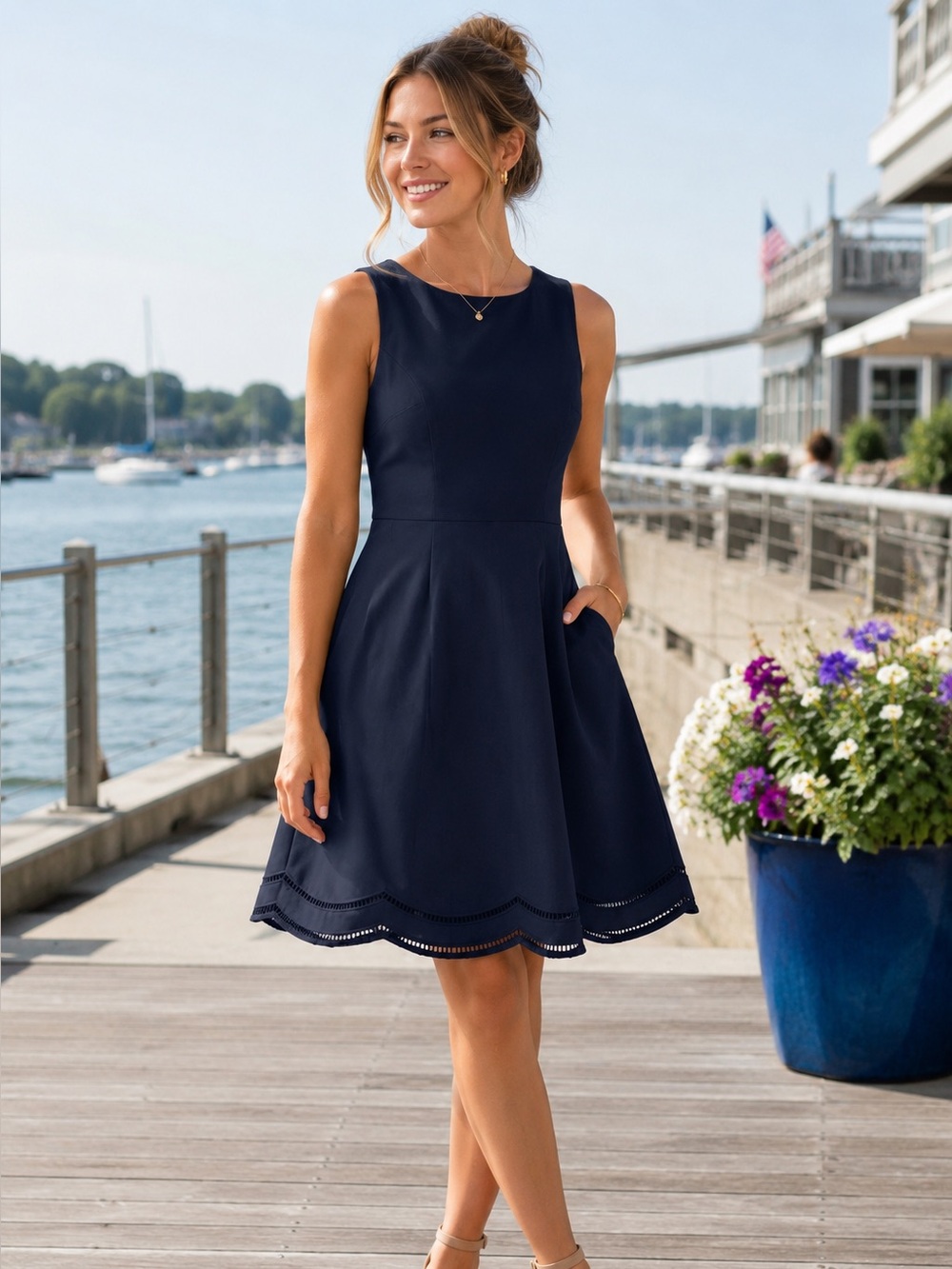 RSVP by Talbots Navy Fit & Flare Dress Size 4 Scalloped Hem Sleeveless Cocktail